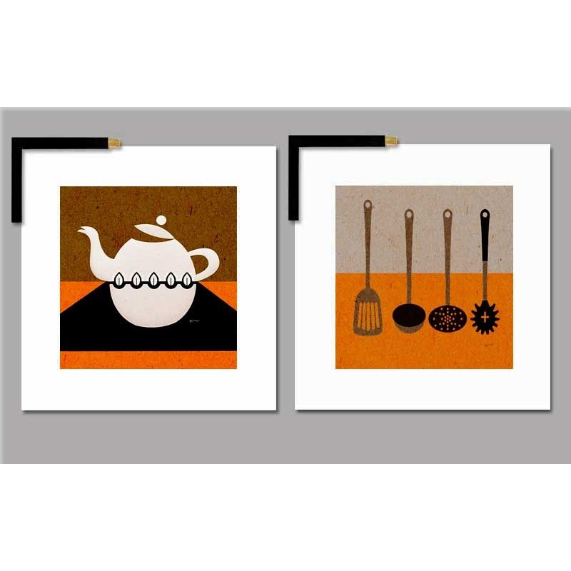 Arte moderno-Tetera y utensilios cocina con marco-decoración pared-Cuadros cocina-venta online